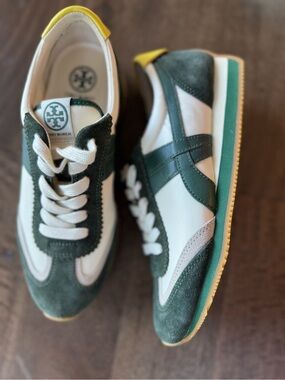 Tory Burch White and Militaire Suede-Trim Sneakers